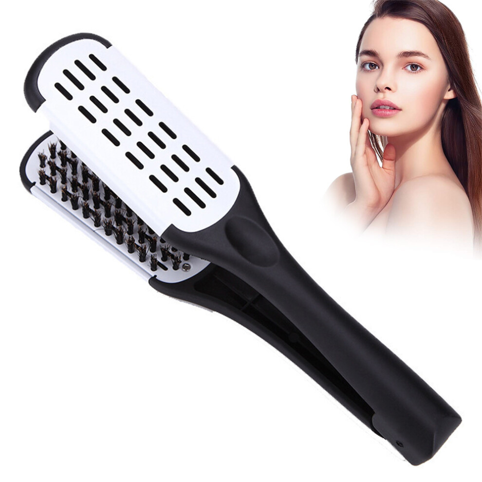 Widely Use Clamp Hair Brush, Clamp V-Shaped Hair Straightening Brush for Double-Sided Anti-Static Styling, Nylon Bristle Straightener for Salon-Qua