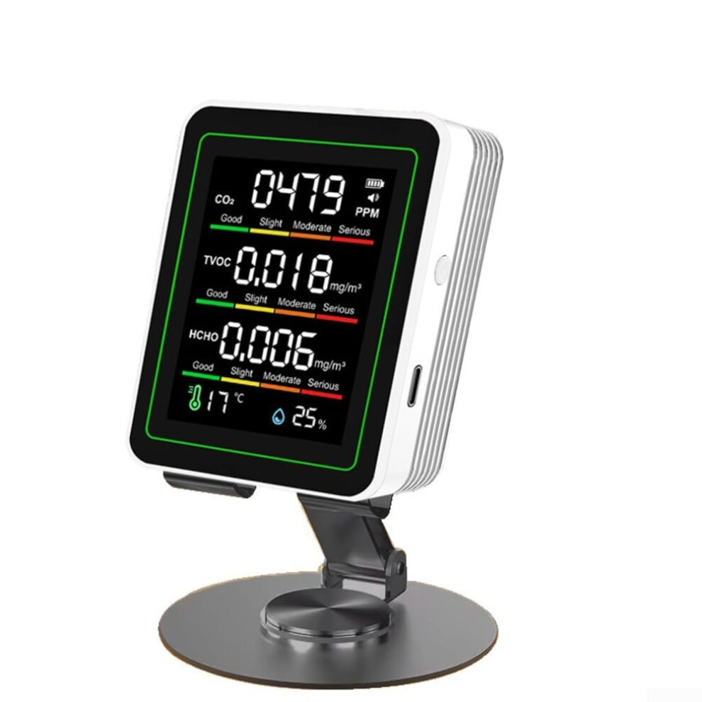 White 5In1 Indoor Air Quality Monitor With Co2 Detector, Temperature & Humidity Sensor, Tvoc & Hcho Levels,