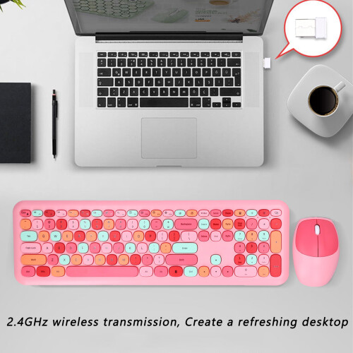 Wireless Keyboard Mouse Combo 2.4G Pink, 1200 DPI, Multi-Color 2