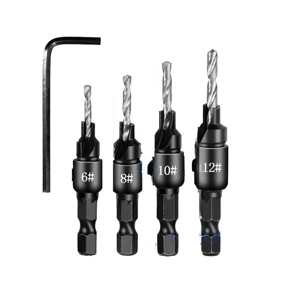 Woodworking Countersunk Head Drill 4Pcs Set, Hexagonal Handle Chamfering Twist Drill For Woodworking Projects 9382693536006