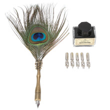 Tintenfeder-Set mit Kugelschreiberfeder in Pfauenfederform, Metallhalter, verstellbaren Spitzen, elegantem Schreibgefühl, künstlerischem