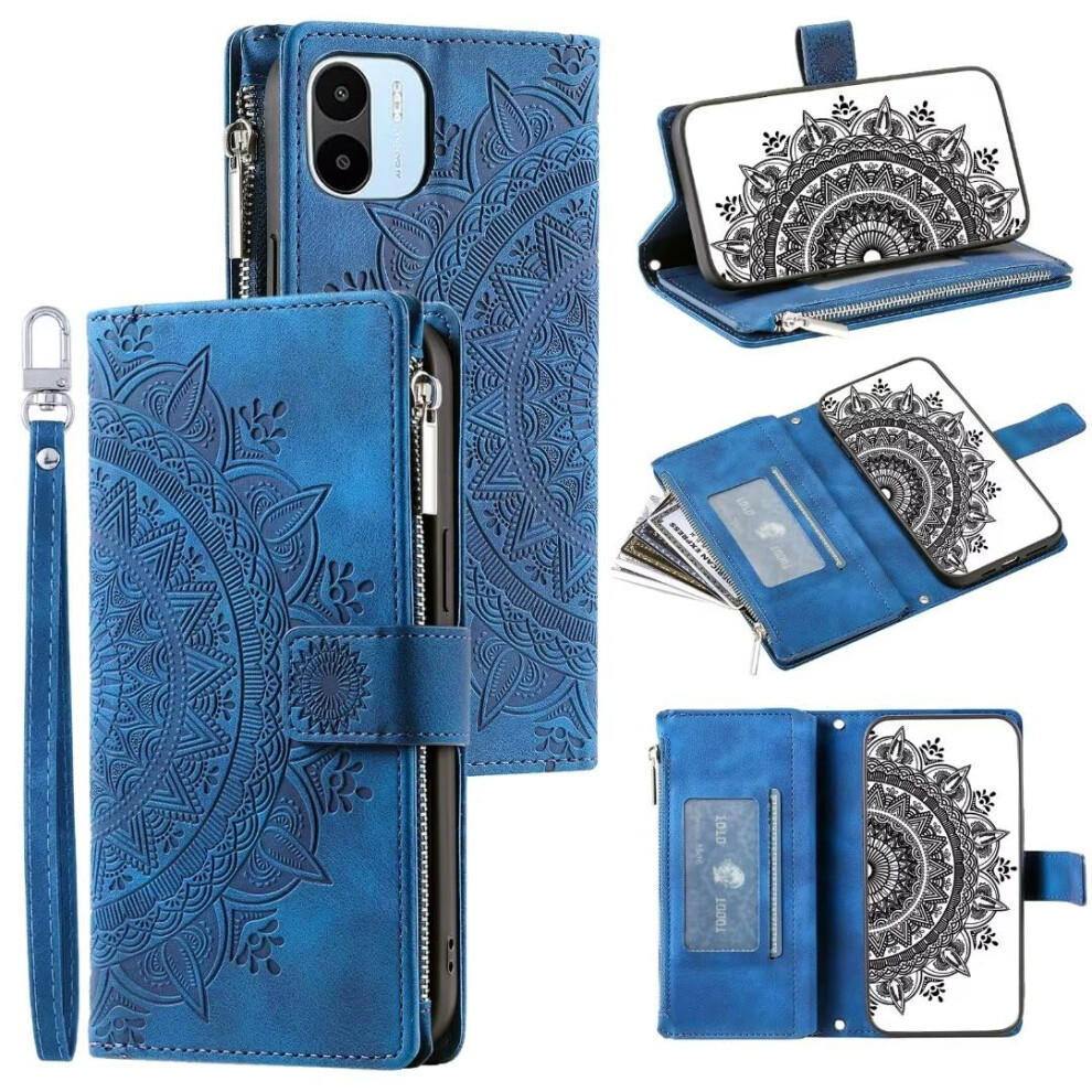 Wallet Case Realme C65 4G Mandala Pattern Leather Kickstand Card Holder Zipper Pocket Wrist Strap Blue 9382693538437