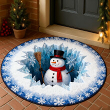 3D Christmas Round Rug with Optical Illusion Santa Snowman Design, Blue 39.37 Inch