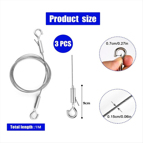 3Pcs Adjustable Wire Ropes with Hooks, Stainless S 1