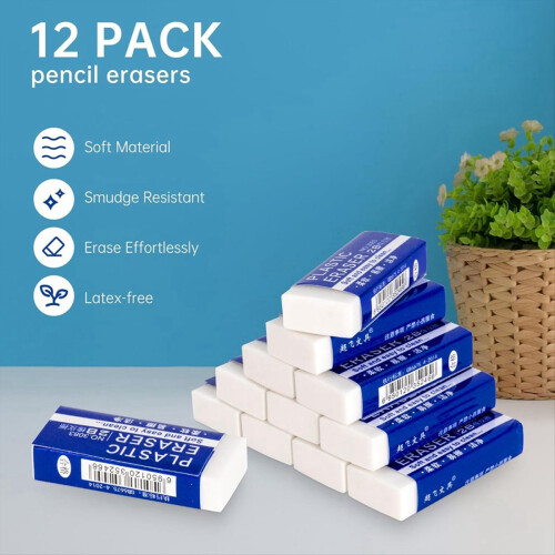 12 Pack Pencil Erasers, White Erasers for School, 1