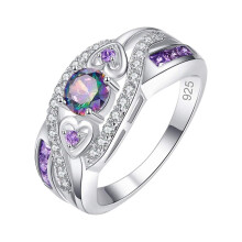 Fashion Jewelry Ring for Women, Colorful Cz Crystal Halo Accent Wedding Band, Simulated Gemstone Centerpiece in 925 Sterling Silver Filled, Light Non-