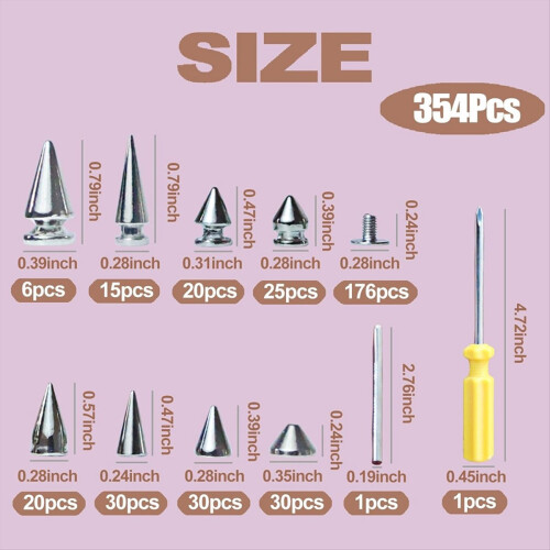 354 PCS Punk Spikes and Studs Kit,8 Size Cone Spik 2