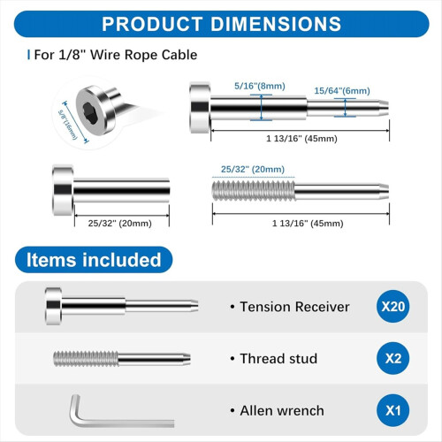 20Pack Cable Railing Kit for 1/8In Wire Rope, SST3 2