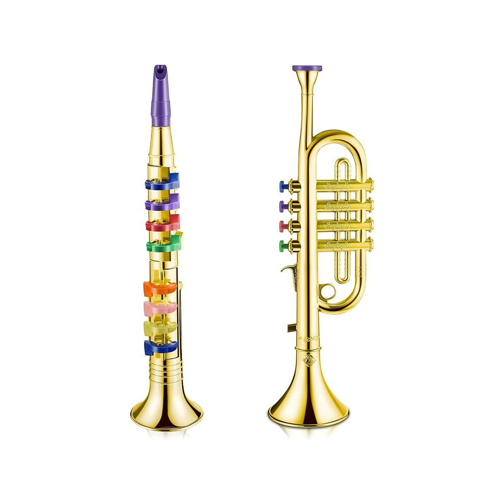Set of 2 Music Instruments Trumpet and Saxophone Portable Clarinet with Colored Keys Educational Toy for Home School