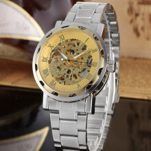 Skeleton Automatic Mechanical Watches, Luxury Automatic Watch with See-Through Movement and Stainless Steel Bracelet, Transparent Glass Bottom Cover W
