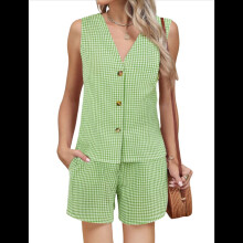 Women Two-Piece Resort Short Suit Linen Check Vest