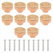 10Pcs Boho Rattan Dresser Knobs, Round Wooden Draw