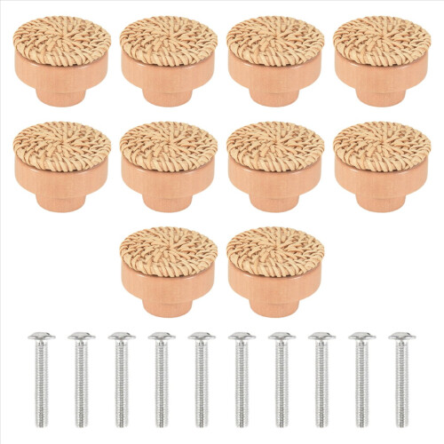10Pcs Boho Rattan Dresser Knobs, Round Wooden Draw