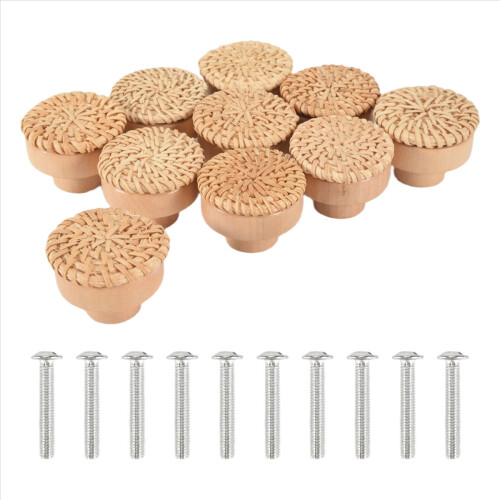 10Pcs Boho Rattan Dresser Knobs, Round Wooden Draw 2