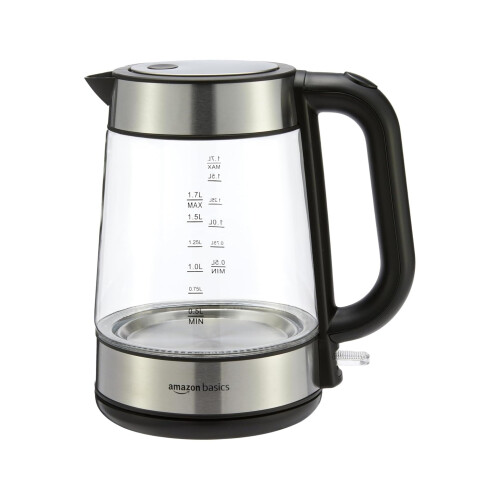 Amazon Amazon Basics Electric Glass Kettle, 1.7 Litres, Black, Silver