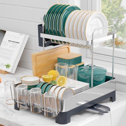 Kitsure Dish Drainer Rack - 2-Tier Rustproof Draining Board Rack with