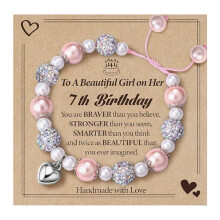 7-årsdagsgaver til jenter, rosa perle- og cz-ball bursdagsarmbånd, justerbare armbånd med hjerteanheng, julegave til datter og bestemor