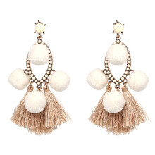 Stylish Thread Tassel Dangle Earrings, Fringe Drop Chandelier Drop Earrings with Metal Long Tassel and Plush Ball, Ornate Vintage Design for Women,