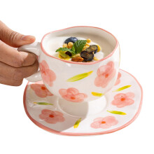 Ceramic Coffee Mug Set with Saucer, HandPainted Wide Body Floral Design, Ergonomic Handle and Spoon