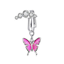 Fake Belly Ring with Butterfly Pendant, No Piercing Zircon Belly Clip Oil Drop Design Non Perforated Belly Button Jewelry, Rhinestone Butterfly Draped
