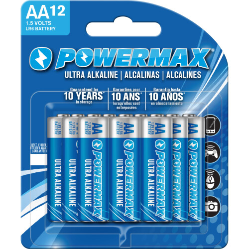 Powermax 12-Count Double AA Batteries, Ultra Long Lasting Alkaline Bat