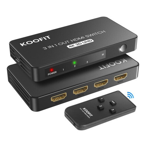 HDMI Switch 3 In 1 Out, HDMI Splitter 4K with Remote Auto Switcher Sup