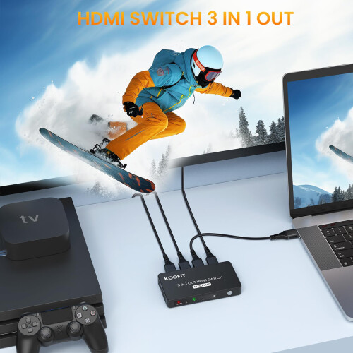 HDMI Switch 3 In 1 Out, HDMI Splitter 4K with Remote Auto Switcher Sup 1