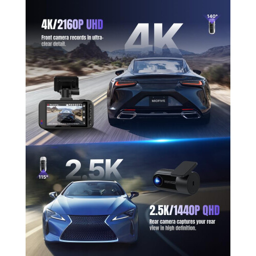 Miofive Dash Cam Front & Rear Dual Channel – Front 4K UHD + Rear 2.5K, 1