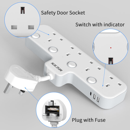 Mscien Multi Plug Extension Socket with USB, 4 Way Plug Adapter, Hanging Plug Extender with Switches for Home, Office, Multiplug Wall Socket Extensio 1