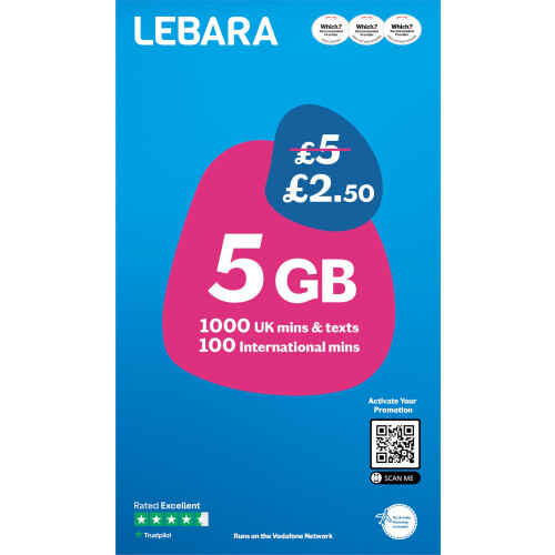 Lebara Mobile SIM Card with 5GB Data Plan for 2.50, Half Price for Fi
