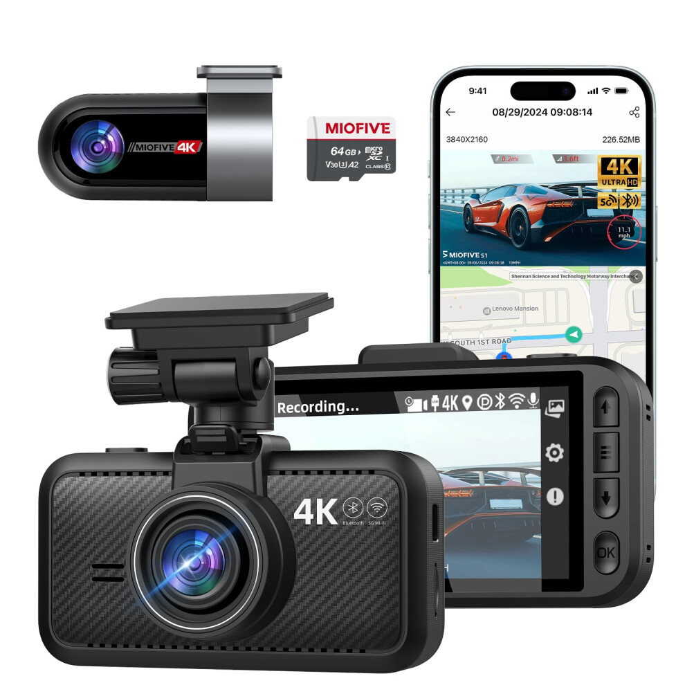 Miofive 4K Dash Cam Front And Rear, 5Ghz Wi-Fi & Gps Dashcam With 64Gb 7031511210391