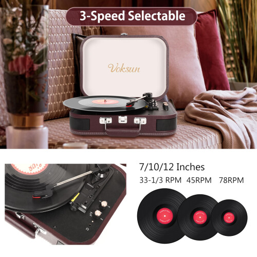 Record Player, VOKSUN Portable Bluetooth Vinyl Turntable with Built-in 2