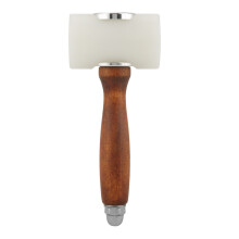 Martillo de cuero resistente de acero inoxidable con mango de madera y cabeza de nailon, herramienta profesional para trabajos en cuero.