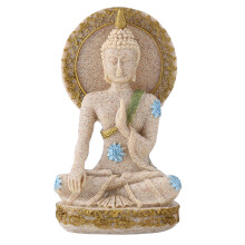 Mini statuetta scultorea in arenaria raffigurante un Buddha in meditazione, una statuetta yoga armoniosa con superficie lucida e simboli spirituali