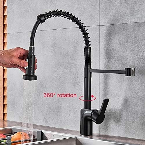Matte Black Pull Out Spring Kitchen Faucet, Single Handle Mixer Tap, 360Degree Rotation, Hot and Cold 2