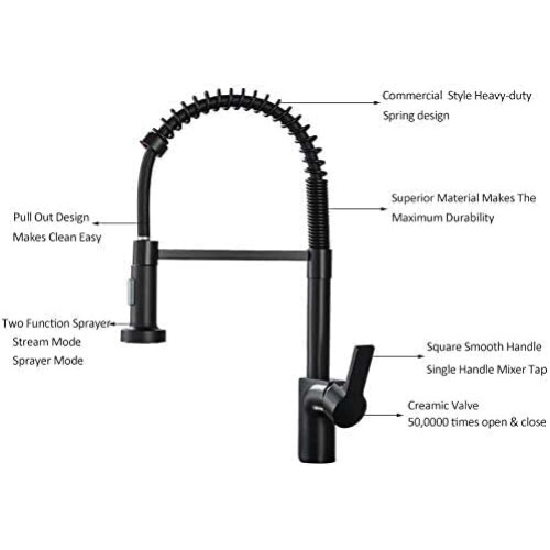 Matte Black Pull Out Spring Kitchen Faucet, Single Handle Mixer Tap, 360Degree Rotation, Hot and Cold 1
