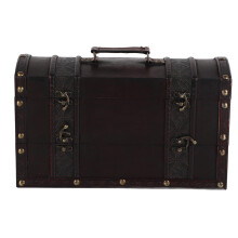 Caixa de armazenamento vintage de madeira com design retrô e charmoso, estilo fazenda, com tampa articulada e alças decorativas. Ideal para guardar