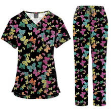 (45001-13, M) Ensemble de blouse médicale imprimée pour femme : haut à col en V et pantalon à poches, uniforme d’infirmière confortable