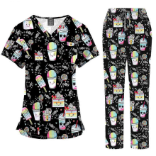 (45001-14, XL) Ensemble de blouse médicale imprimée pour femme : haut à col en V et pantalon à poches, uniforme d’infirmière confortable