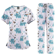 (45001-8, XL) Ensemble de blouse médicale imprimée pour femme : haut à col en V et pantalon à poches, uniforme d’infirmière confortable