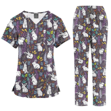 (45001-10, S) Ensemble de blouse médicale imprimée pour femme : haut à col en V et pantalon à poches, uniforme d’infirmière confortable