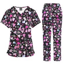 (45001-16, XXL) Ensemble de blouse médicale imprimée pour femme : haut à col en V et pantalon à poches, uniforme d’infirmière confortable