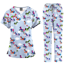 (45001-15, S) Ensemble de blouse médicale imprimée pour femme : haut à col en V et pantalon à poches, uniforme d’infirmière confortable