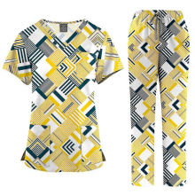 (45001-3, M) Ensemble de blouse médicale imprimée pour femme : haut à col en V et pantalon à poches, uniforme d’infirmière confortable