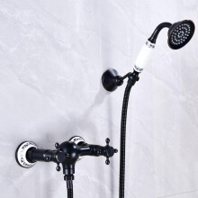 Retro Black Brass Wall Mounted Bathtub Shower Mixer Tap with Double Handles and 360 Rotation Head