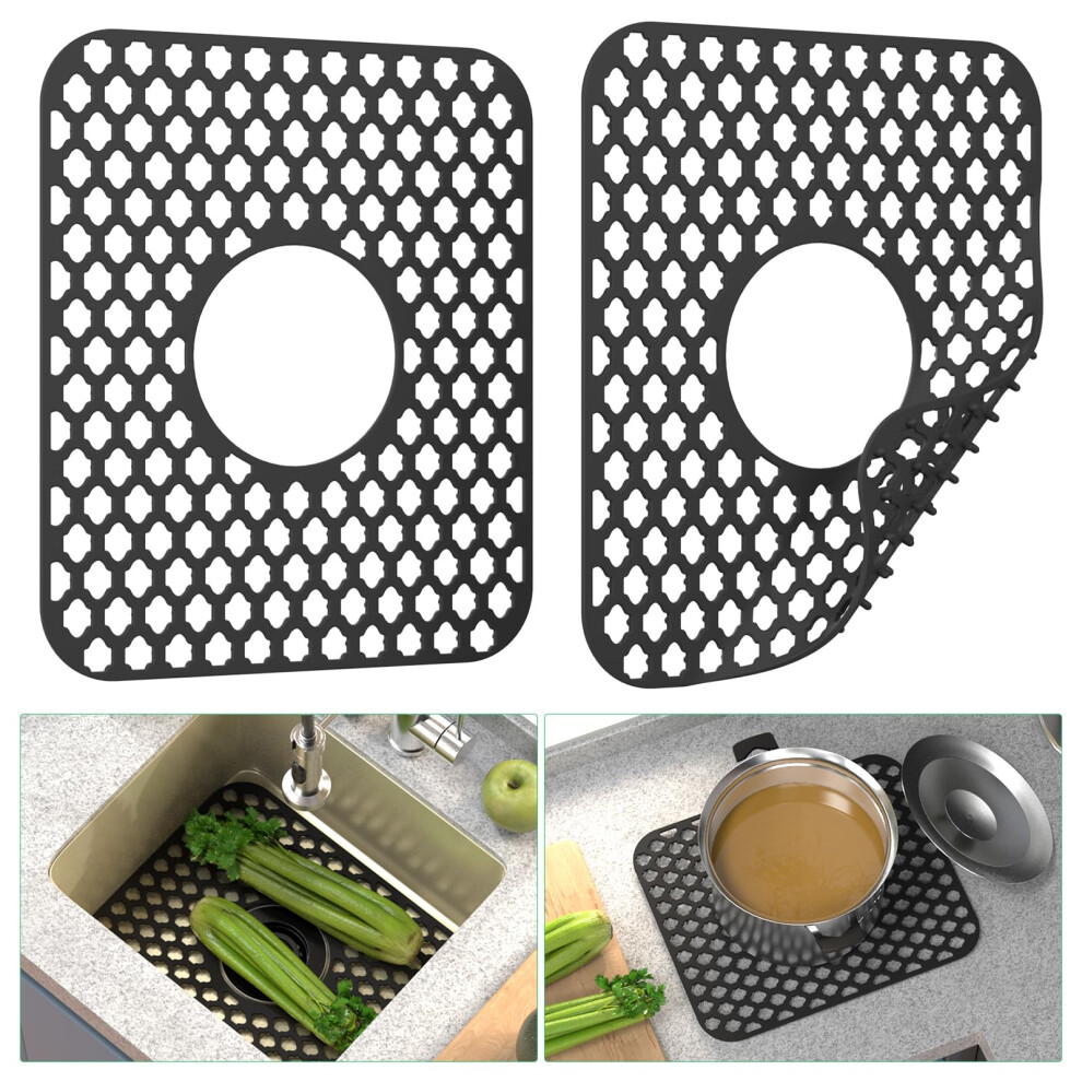 Silicone Sink Mat 2Pcs Nonslip Heat Resistant 500F Kitchen Sink Protector For Farmhouse Center Drain Black 9347817796506