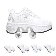 Adjustable Quad Roller Skates Boots EUR39, 2-in-1 LED Walking Shoes with 5 Color Lights, Multi-Purpose White Skates