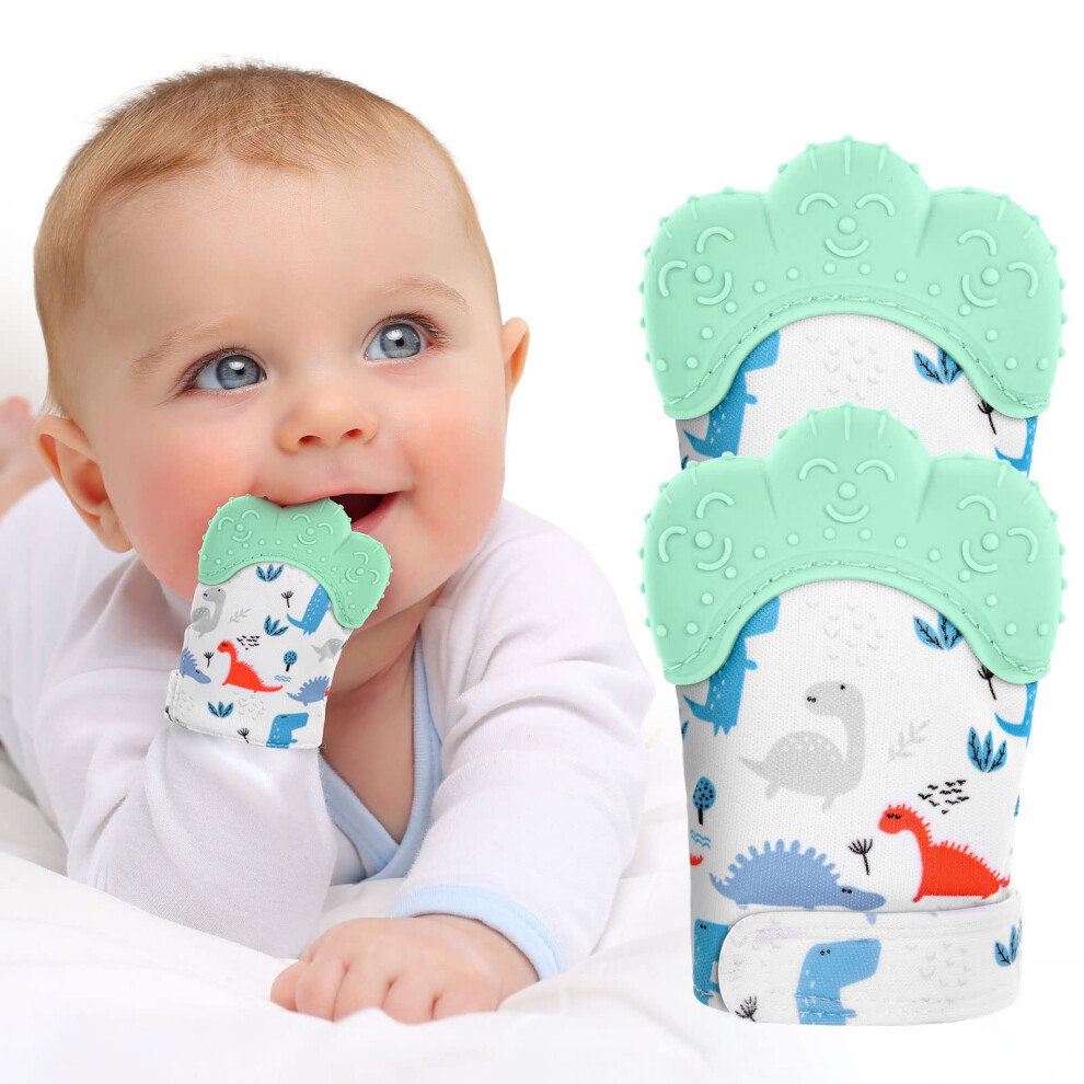 Baby Teething Set, 2 Pack Teething Mittens For Baby, Includes 2 Silicone Mitten Teether Glove,Dinosaur Teething Glove, Infant Soothing Pain R Vicloon