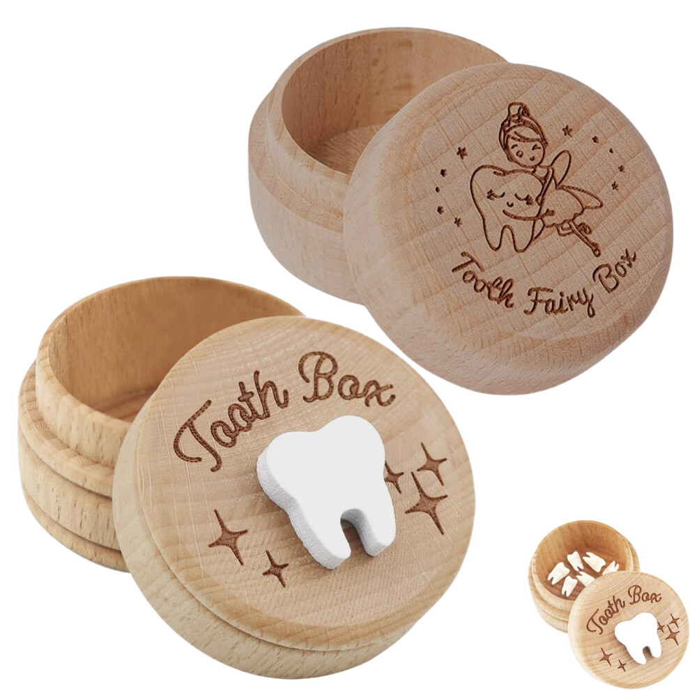 2Pcs Tooth Fairy Box 3D Tooth Keepsake Box Cute Wooden Children's Deciduous Teeth Commemorative Boxes Storage To Keep The Childhood Memory For Baby Hzzxch