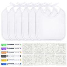 Aolso Baby Bibs for Painting, 6 Pieces Baby White Bibs, Waterproof Bibs for Baby with 6 Textile Pens and 8 Painting Stencils, Gift for Baby Shower Pa